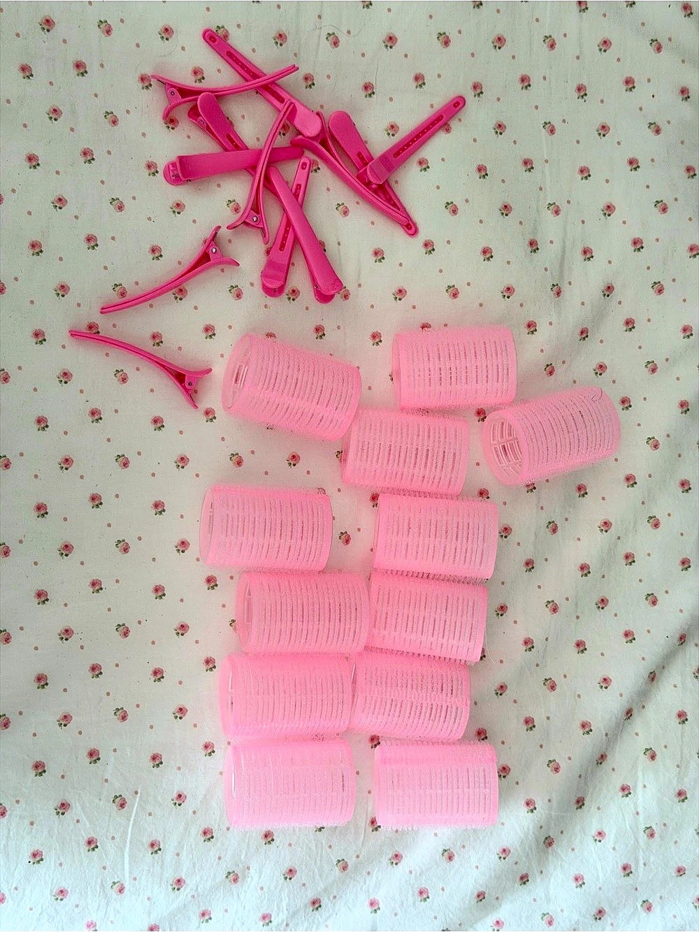 Pink Self-Grip Hair Rollers and Duckbill Clips Set